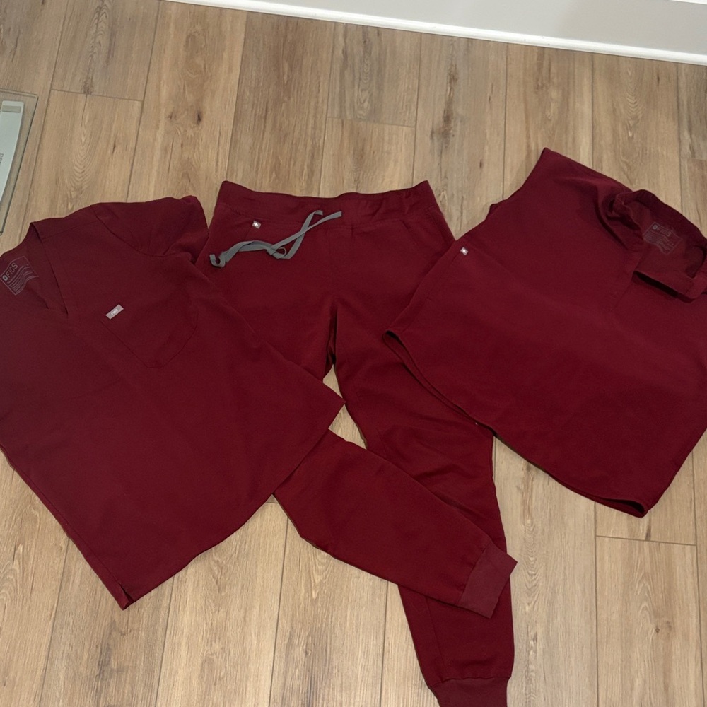 Figs Maroon Joggers with 2 scrub tops